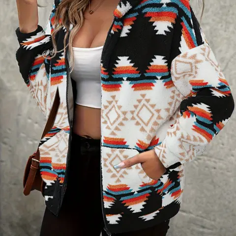 Women's Ethnic Pattern Drop Shoulder Zip Up Plush, Long Sleeve Hooded Outerwear, Casual Fashionable Jacket for Fall & Winter, Ladies Clothes for Daily Wear