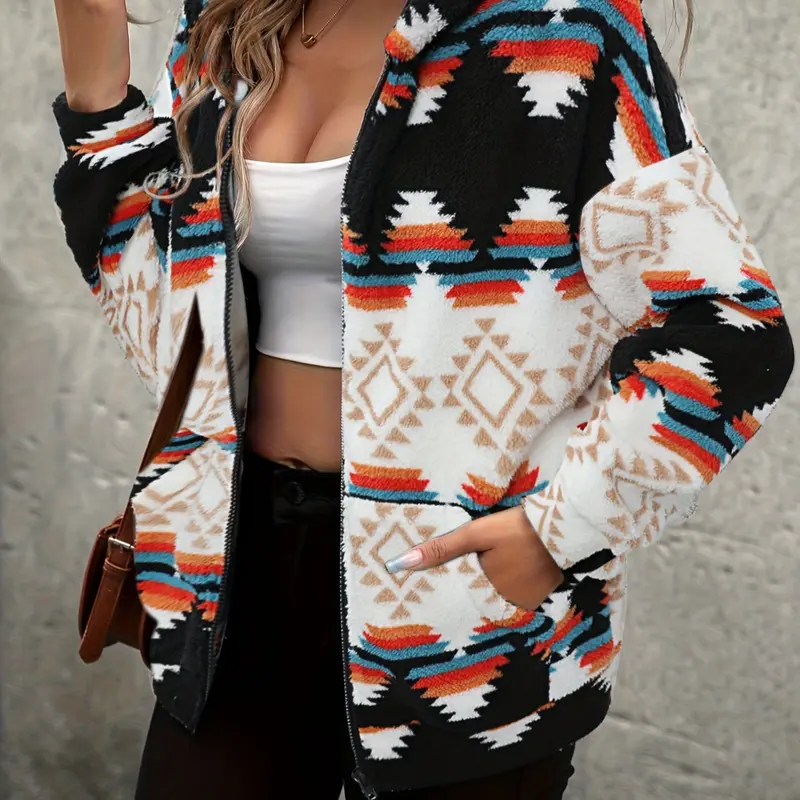 Women's Ethnic Pattern Drop Shoulder Zip Up Plush, Long Sleeve Hooded Outerwear, Casual Fashionable Jacket for Fall & Winter, Ladies Clothes for Daily Wear