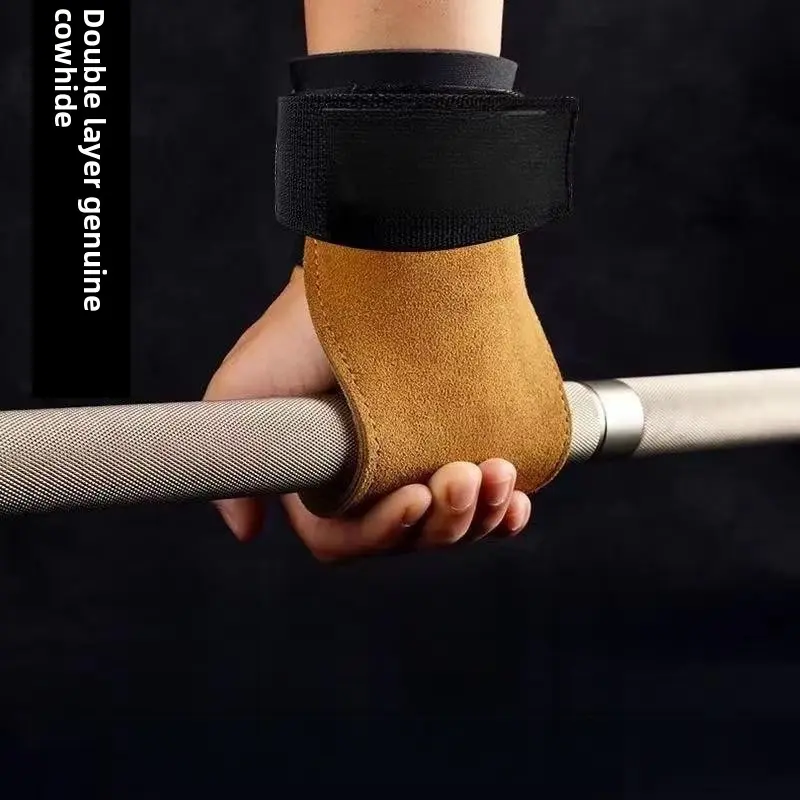 Cowhide Leather Weightlifting Grips with Thick Palm Padding-Coverage, Velcro Adjustable Wrist Wraps, Steady Grip Support for Men, Athletic Accessory for Functional Fitness Deadlifts, Pull-Ups, Home Gym Use, Fitness Accessory, Home Gym Accessories