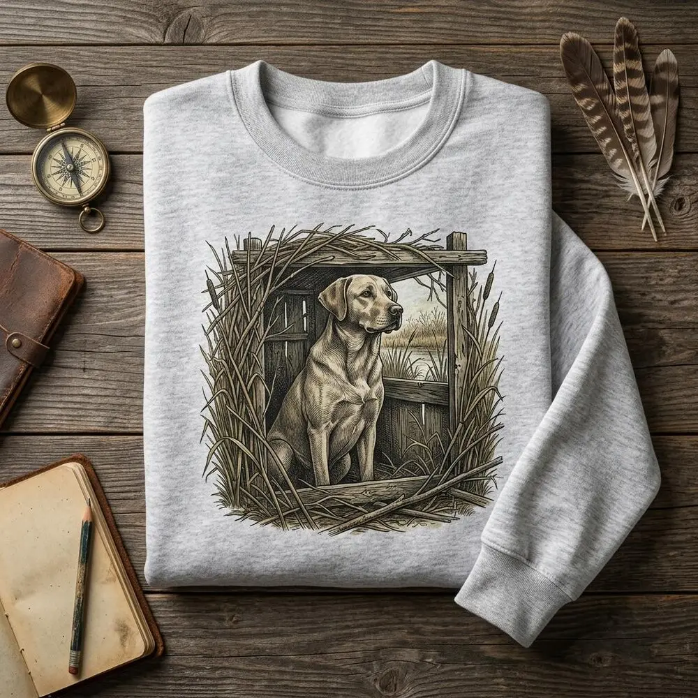 Vintage Crewneck Sweatshirt with Retro Yellow Lab Wildlife Print, Polyester Blend Top in a Fitted Cut, an Ideal Hunting Gift, Do Not Dry Clean, Retro Graphic, Crew Neck, Round Neck, Cotton, Hoodie, Casual, Long Sleeve