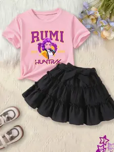 Cute Girl Set! T-Shirt Printed 'rumi Huntrx' Anime Character, Skirt with Layered Ruffles, Casual Style