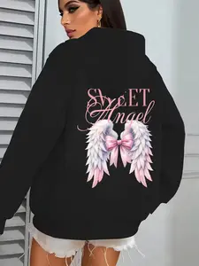 Women's Sweet Angel Graphic Zip-Up Hoodie - Pink Wings & Letter Print, 100% Polyester, Front Pockets, Machine Washable, Fall Winter Casual Outdoor Wear