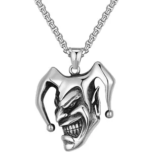 Joker Necklace For Men Stainless Steel Vintage Silver Trendy Unique Punk Rock Hip Hop Gothic Edgy Anime Hippie Cool Masculine Clown Demon Devil Beast Pendant Necklace Jewelry Gift For Boyfried Husband Xmas Gift Non Tarnish Waterproof Jewelry