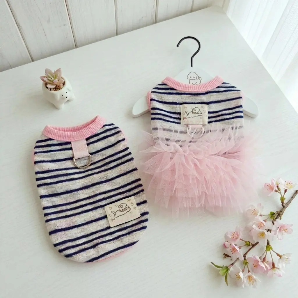 Breathable Pet Summer Dress for Small Dogs Cats, Striped Puff Sleeve Princess Style Sun Protection Puppy Apparel