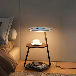 3 Layer Nightstand with LED Night Light, Dimmable Floor Lamp, Minimalist Side Table, Wireless Charger, End Table for Livingroom, Bedroom