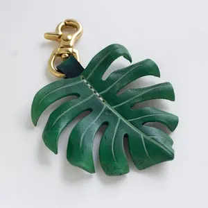 Monstera Deliciosa Leather Bag Charm, Swiss Cheese Plant Key Chain, Bag Accessories, Small Size Decor Gift with Shiny Brass Clasp