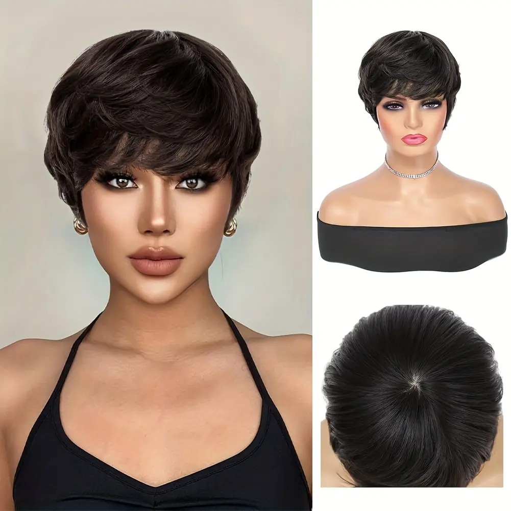 New 2025 Arrivals Soft Feel Hair Women'S Pixie Cut Wig - 150% Density Human Hair, Non Lace Front, Full Machine Wigs with Bangs, Rose Net Cap, Basic Style