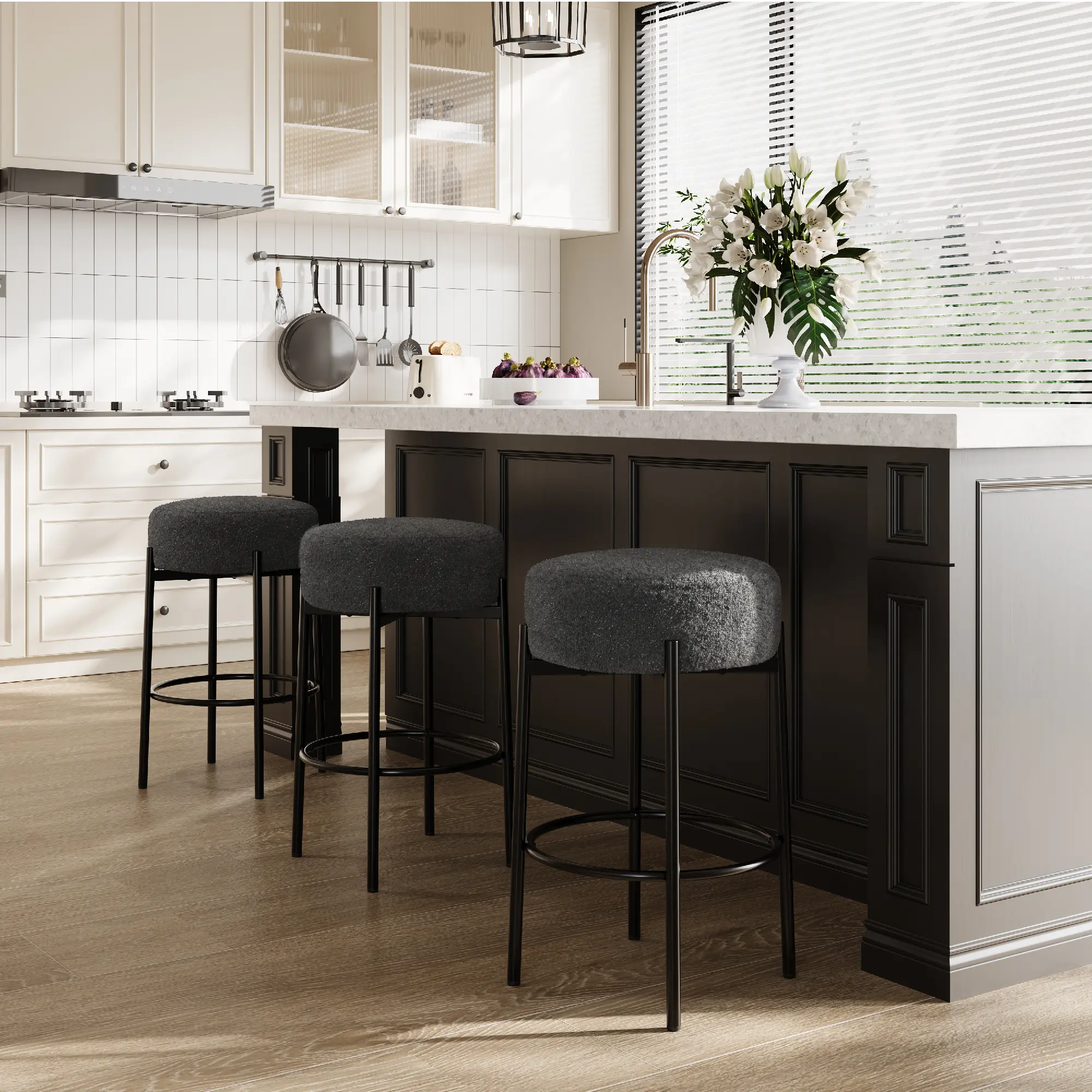 Contemporary Sherpa Fabric Counter Stools with Footrest, Backless Design for Kitchen Island and Cafes, Upholstered Round Seat Bar Chairs