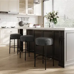 Contemporary Sherpa Fabric Counter Stools with Footrest, Backless Design for Kitchen Island and Cafes, Upholstered Round Seat Bar Chairs