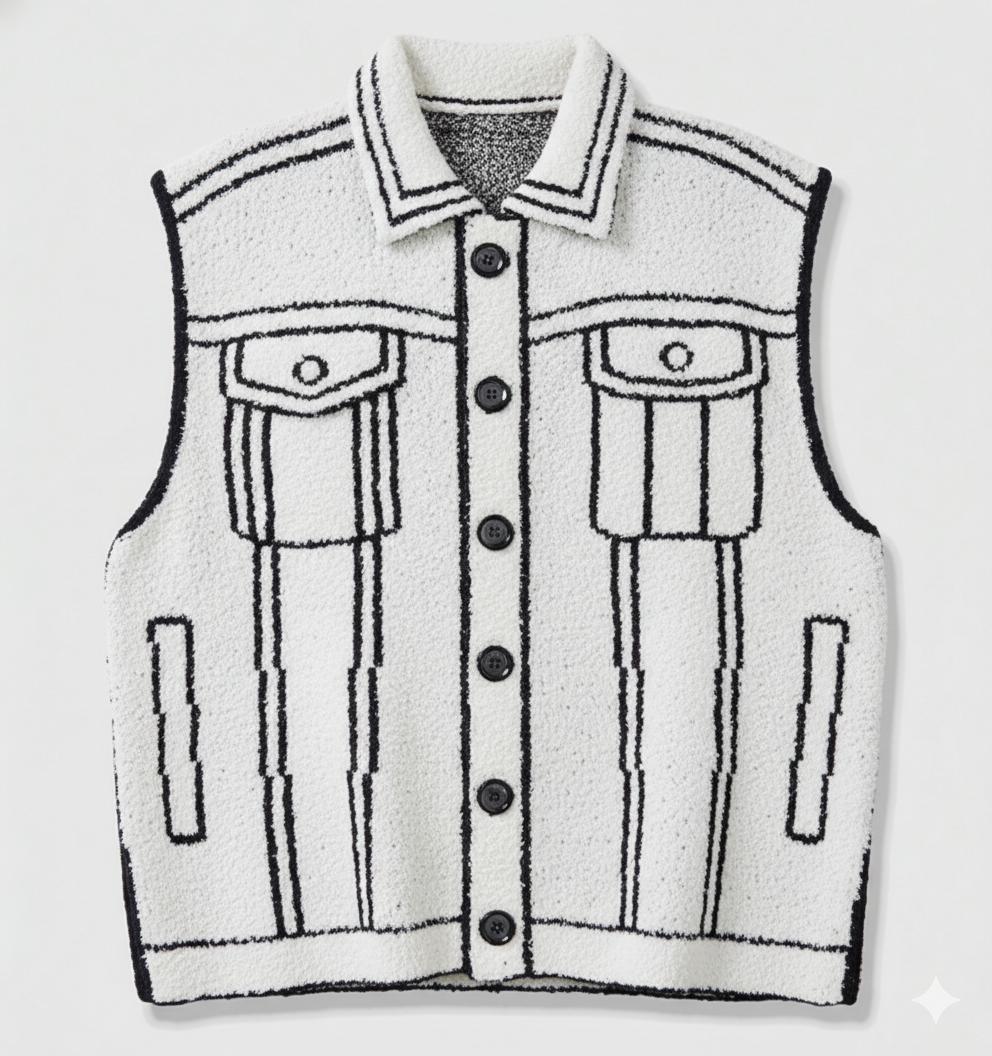 HYPESTFIT 2D Cartoon Style Graphic Vest Men's Aesthetic Streetwear Outline Gilet Trendy Fleece Sleeveless Jacket Menswear Tops for Casual Outings