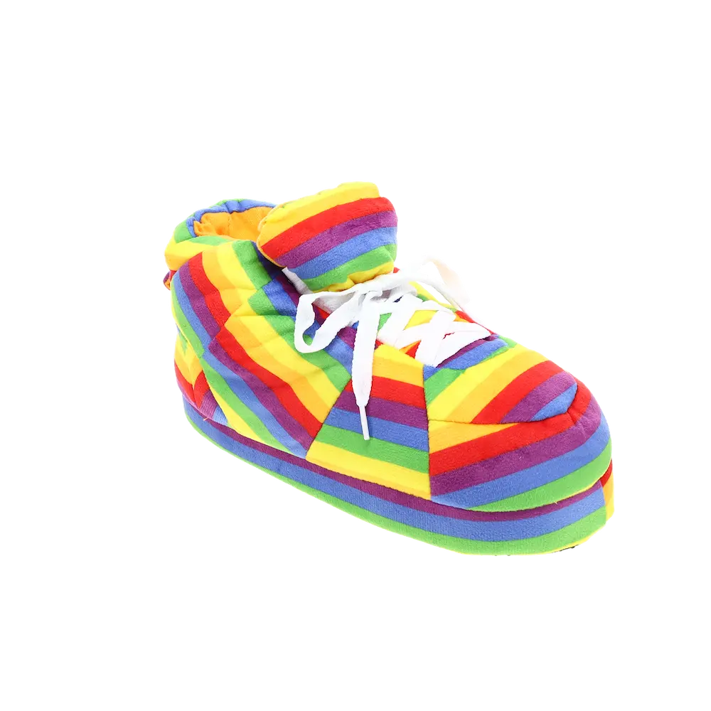 Rainbow Striped Plush Sneaker Slippers for Women and Men - Soft Cushioned Non-Slip Sole - Fun Colorful Design - Perfect Gift for Color Lovers - Indoor Walking Shoes - Cozy Slipper Decor