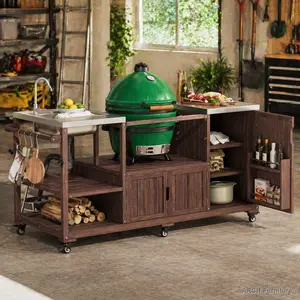 ARCH K&K 75.4" Brown Outdoor Kitchen Island Cabinet with Sink, Solid Wood Rolling Grill Cart, Stainless Steel Top, Adjustable Shelf, Magnetic Rack for XL Green Egg Grills, Pizza Prep & BBQ