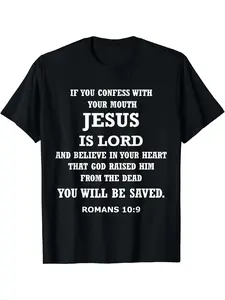 Men's Romans 10:9 Jesus is Lord Bible Verse T-Shirt - Christian Faith Apparel Crewneck Tee, Soft Breathable Cotton Shirt for Church, Gym, Casual Attire - Machine Washable Religious Gift for Men