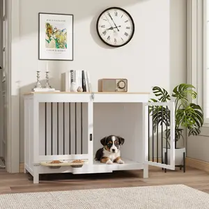 39" Foldable Portable Wooden Dog Crate Furniture, Pre-Assembled Indoor Kennel for Large Dogs, White Dog Cage with 360° Rotating Feeder