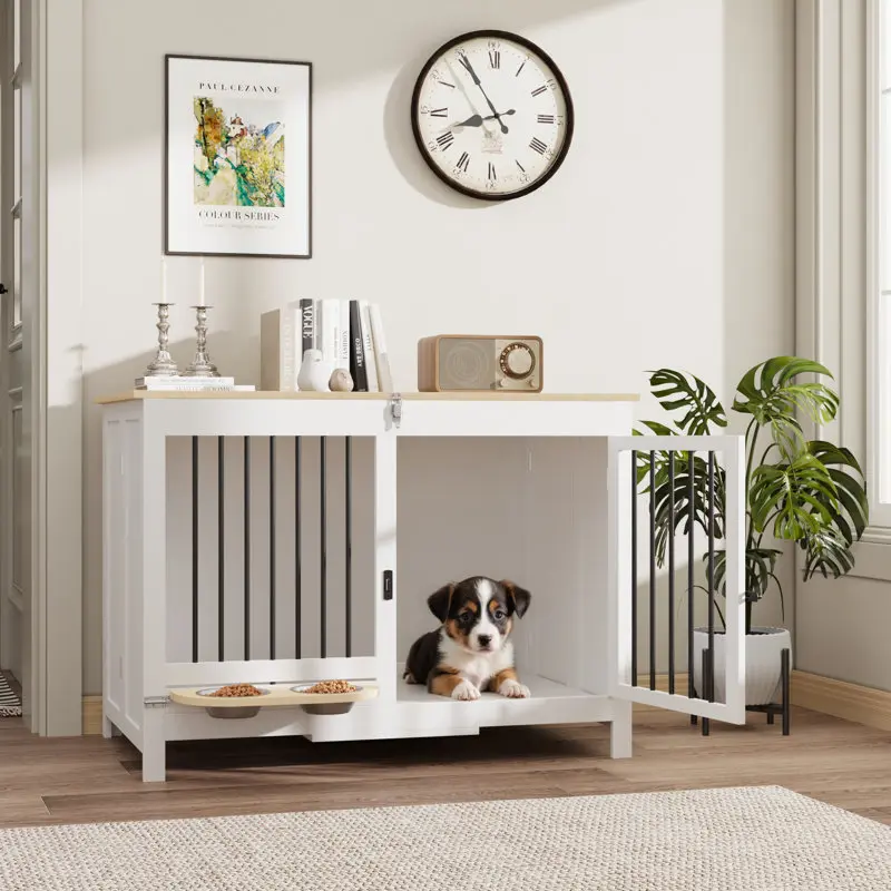 39" Foldable Portable Wooden Dog Crate Furniture, Pre-Assembled Indoor Kennel for Large Dogs, White Dog Cage with 360° Rotating Feeder