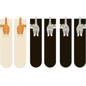 Funny Cat Socks with Balls for Women, 3 Pairs 3D Cute Playful Cat Tail Print Soft Breathable Cotton Socks