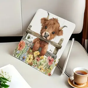 Cute Little Cow and Floral Pattern Stand Protective Case for iPad Air 4/5/7/8/9 & Pro 11inch Adjustable Angle Flexible TPU Hybrid Anti-Slip Grip with Pen Slot Compatible 9.7/10.2/10.5/10.9inch Tablet Casing