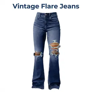Women's 2026 Viral High Waist Flare Ripped Jeans Vintage Blue Stretchy Soft Comfortable Slim Fit Frayed Hem Y2K Streetwear Casual Daily Outfit for Young Women Teens Daily Street Party College Spring outdoorfun