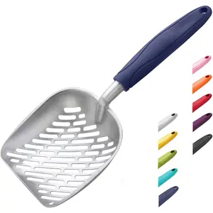 Litter Scoop,  Alloy Sifter, Kitty Metal Scooper, Deep Shovel with Diagonal Sifting Hole, Long Handle, Kitten Poop Lifter for Litter Box, Medium Size, Blue Handle