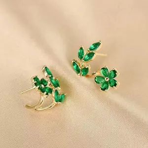 LisiZen Green Leaf Flower Earrings 14K Gold Plated Summer Inspired Crystal Design, Chic Statement Jewelry Elegant Fashion Earrings Glamour DZEH2313