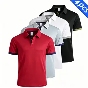 Men’s Polo Shirt Set (4 Pieces) | Casual Fashion Loungewear | Solid Color Short Sleeve | Contrasting Collar | Breathable for Daily Wear/Golf | Multiple Combinations graphic, Top, Matching