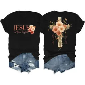 Women's Outdoor Cotton Fabric Fashion T-Shirt, Breathable Short-Sleeve Christian Sports Top with Simple Floral Cross Print