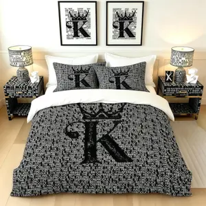Black And Gray Letter Crown Pattern Duvet Cover Set, Soft And Comfortable Bedding Set (1 Duvet Cover + 1/2 Pillowcase, No Filler), Suitable For Teenagers And Adults, Bedroom, Dormitory, Guest Room Scene