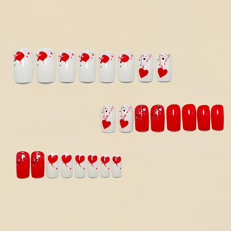24PCS Valentine’s Day Press On Nails – Red Heart Smudge Design, Medium Long Square Fake Nails, Glossy Solid Color Manicure for Holiday Parties, Date Night & Everyday Wear