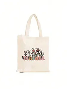 Letter Print Handbag, Teacher Festival Gift, Floral Pattern, Personalized Wedding Bag, Makeup Pouch, Lightweight Shopping Bag, Multifunctional Storage Bag
