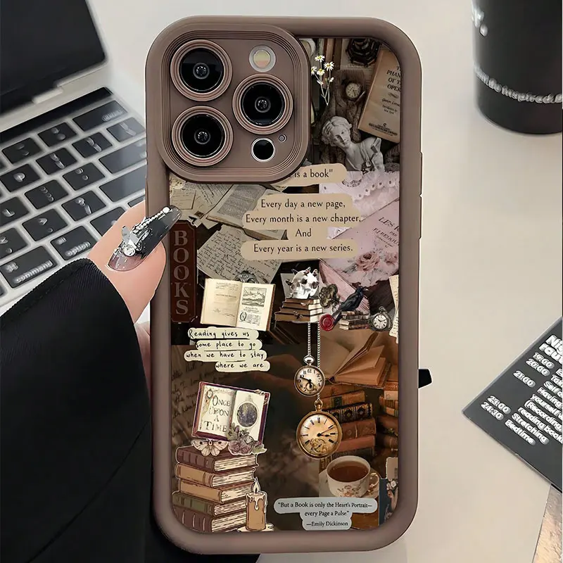 Phone Case: 1 Dark Academia Style Vintage Bookshelf Phone Case with Shockproof Frosted TPU, Featuring Vintage Book Pages, Clock, Cup, Plant, and Bird Patterns. Compatible with iPhone 17 E Air Pro ProMax iPhone16 15 14 Plus 13 12 Mini 11 X XS XR