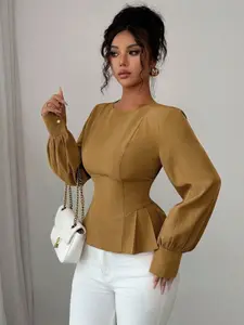 1 Caramel Brown Crew Neck Waist-Cinched Ruffled Long-Sleeve Top  Elegant Retro Style, Slim-Fit Cut Pearl-Accented Cuffs Pleated Hem Detail, Ideal for Women Who Prefer Sophisticated Outfits, Suitable for Fall & Winter, Perfect for Home, Indoor & Outdo