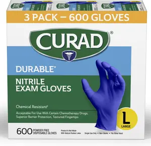 CURAD Nitrile Exam & Cleaning Gloves - Large, Powder-Free, Comfortable, Durable, Chemical-Resistant, 600-Count Pack for Laboratory Use, Contamination-Preventing, Color May Vary