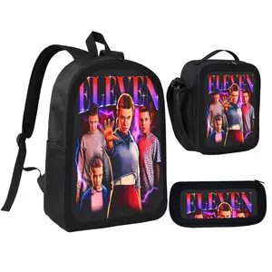 Stranger Things Eleven Theme Backpack Set Black Backpack Lunch Bag Pencil Case ThreePiece Set for Fans