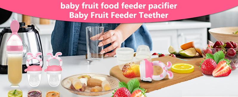 WAJIAYON Baby Fruit Feeder Pacifier - 6 Pack | 2 Infant Food Feeder Pacifier & 2 Baby Food Dispensing Spoon | Fresh Fruit Teethers for Babies | Silicone Feeder Babies,Infant Teething Feeders -Pink