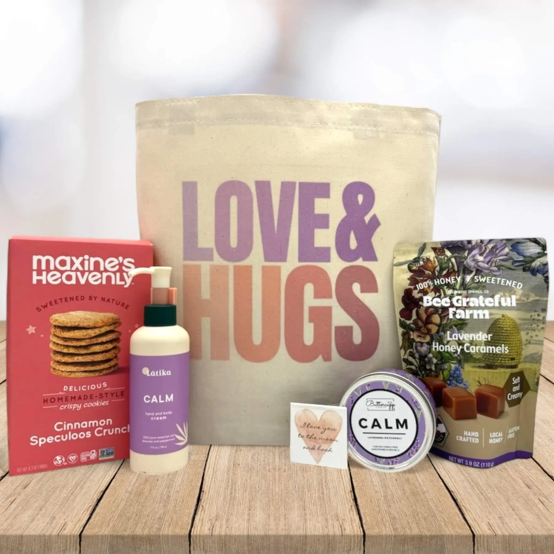 Itsonlynaturalgifts Love & Hugs Valentine's Day Gift Basket with Cinnamon Speculoos Crunch, Calm, and Lavender Honey Caramels