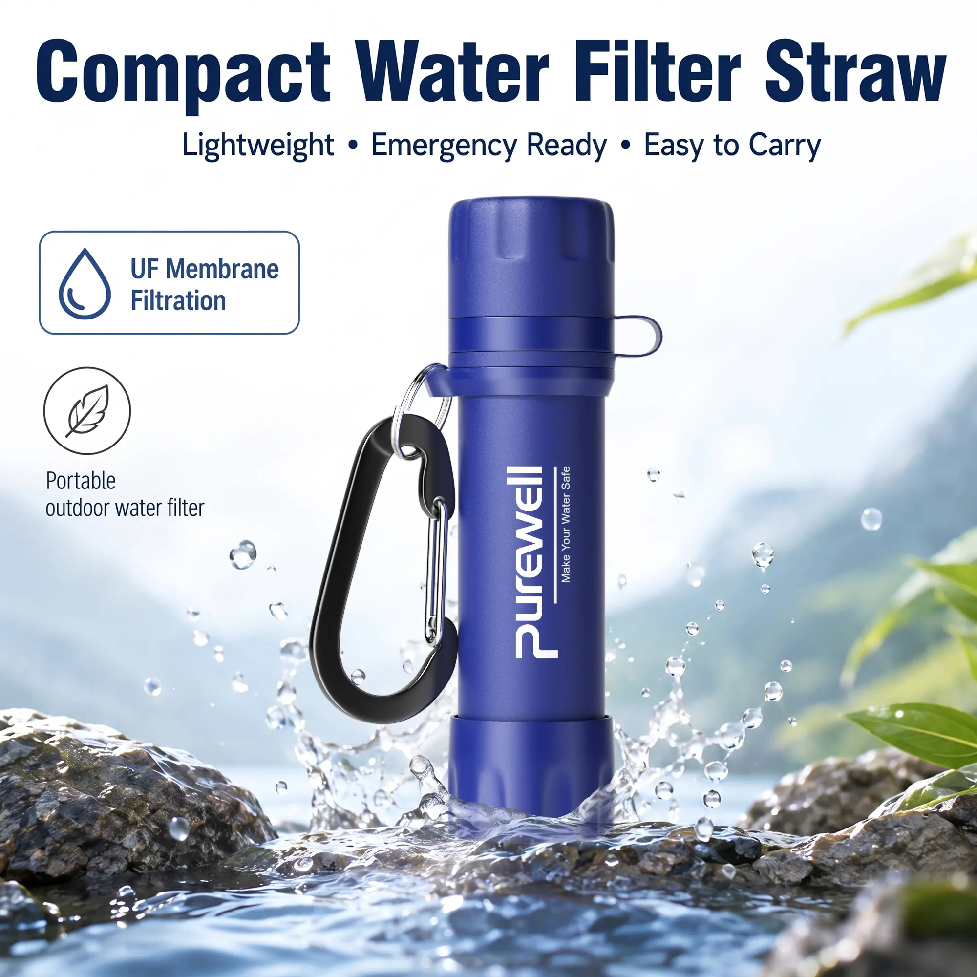 Purewell Portable Water Filter Straw, Compact UF Membrane Personal Water Filtration System with Carabiner, Lightweight Emergency Water Filter for Camping, Hiking, Backpacking, Travel & Survival Kits