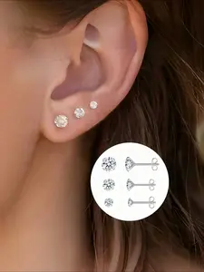 3 Pairs Of Simple Classic Shiny High Quality Versatile Classic Style Earrings Set Stud Earring Pack Studs Earrings Pretty Studs 925 Sterling Silver Anti Allergy Holiday Party Dates Daily Wear Exquisite Women's Jewelry Gifts, Artificial Zircon Earrings