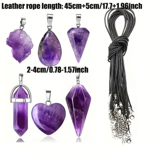 6Pcs Purple Natural StoneWater Drops Peach Heart Hexagonal Column Pendant Set -3pcs Pendants + 3pcs Necklaces, Suitable for DIY Necklace, Bracelet, Keychain, Perfect Gifts for Friends and Spouse