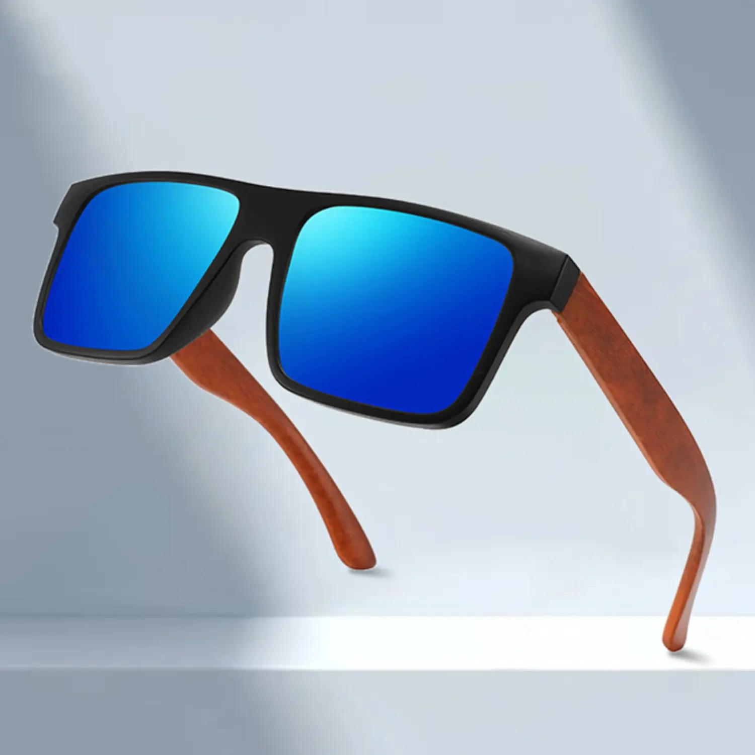 Unisex Retro Cycling Sunglasses with Wood Temples, Large-Frame Polarized Color Film Lenses with UV Protection for Sports, Outdoor