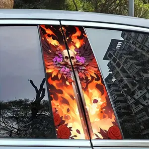 2pcs New Car Door B Pillar Decals Center Column Sticker Fire Rose Sword Skull Pattern Self-Adhesive Door Pillar Vinyl Wrap
