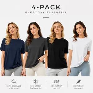 Women's 4-Pack Cotton Blend Short Sleeve T-Shirts Crew Neck Casual Basic Tees Soft Breathable Lightweight Everyday Essential Multipack Tops for Streetwear - Womenswear