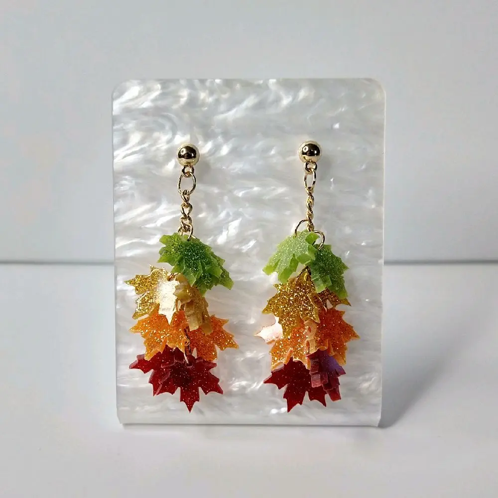 #642 Green, Gold, Orange & Red Glitter Maple Leaves Tassel Gold Ball Stud Earrings- Casual Fall Autumn Jewelry