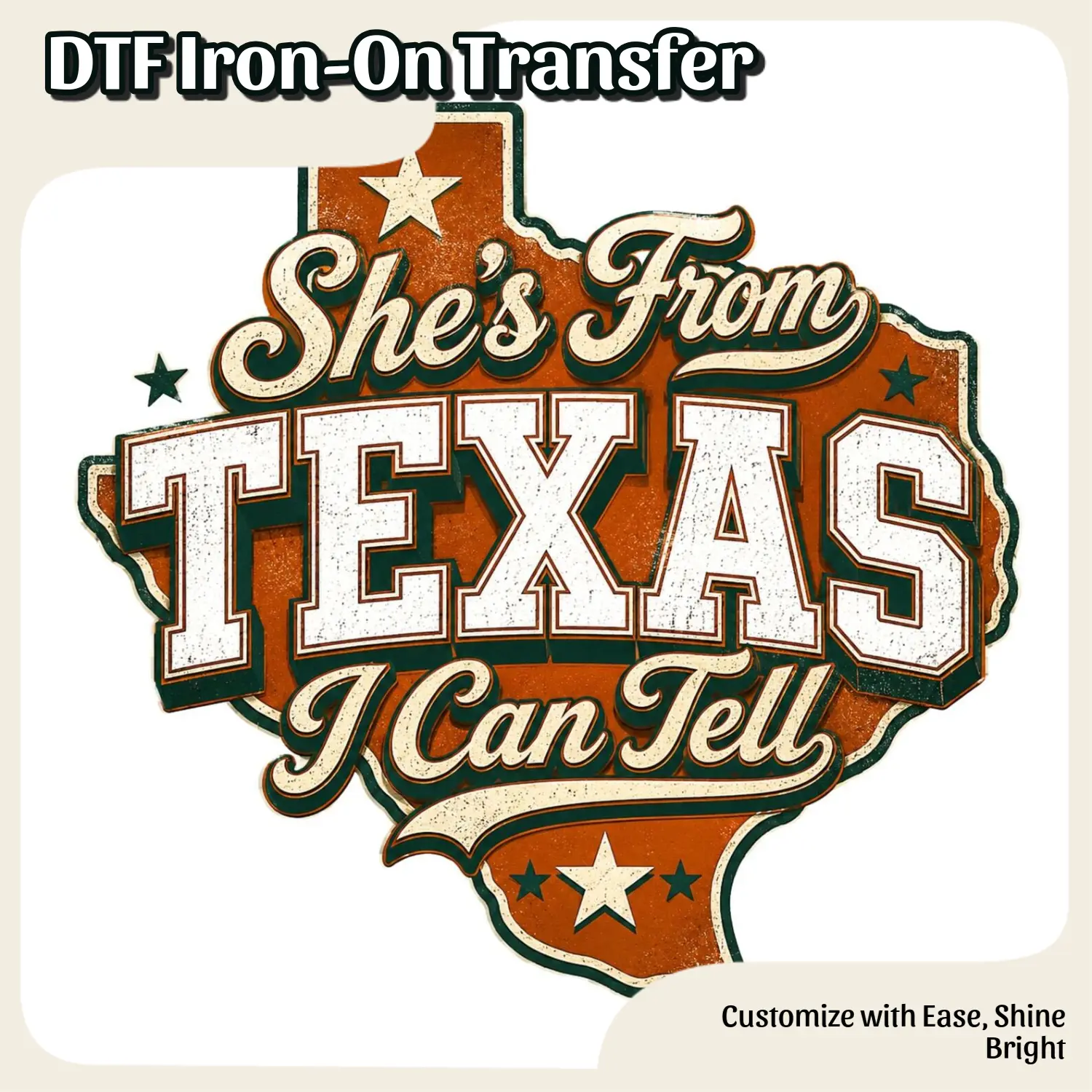 DTF Iron-On Transfer, "She's From Texas" Design, DIY Printmaking Embossing Accessory for Hobbyists