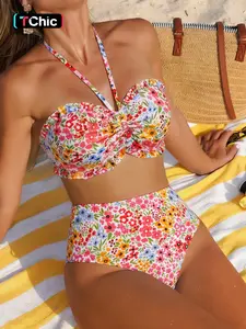 Women's Sexy Ditsy Floral Print Ruffled Bandeau Strapless Swimsuit Top Bikini Set, Women's Tight-Fitting Swimwear for Summer Holiday, Beach Pool & Parties