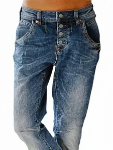 Women's Elastic Straight Leg Casual Low Waist Jeans,stretchy jeans for women,barrel jeans women, Washed Button Fly Detail, 90s Fashion Style, Comfortable Daily Wear