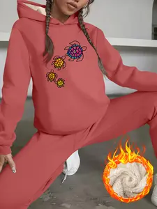 Women's Casual Two-Piece Set, Cool Turtle Print, Fleece Lined Sweatshirt & Pants, Fashionable Comfortable Design, Fall Winter Wear