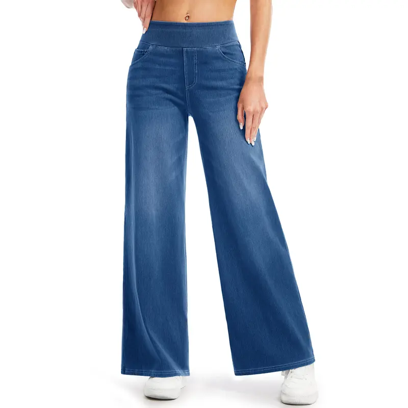 MAGCOMSEN Women's High-Waist Cotton Flex Jeans - Stretchy Drape Fabric, Wide-Leg Baggy Fit, Pull-On, Tummy Control, 4-Pocket Carry, Hip-Flattering, Casual Work & Fall Outdoor Bottoms for Students