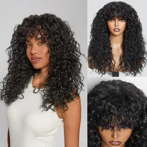 20 Inch Synthetic Hair Natural Black Curly Wig with Bangs Glueless Synthetic Bang Wigs with Realistic Scalp Put On ang Go Beginner Friendly Pre Styled Wig Artificial Wig