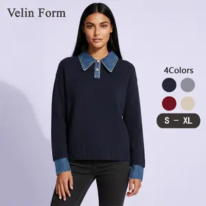 2025 autumn and winter new style fake two-piece splicing jeans sweater women unique POLO collar super nice lazy style sweater