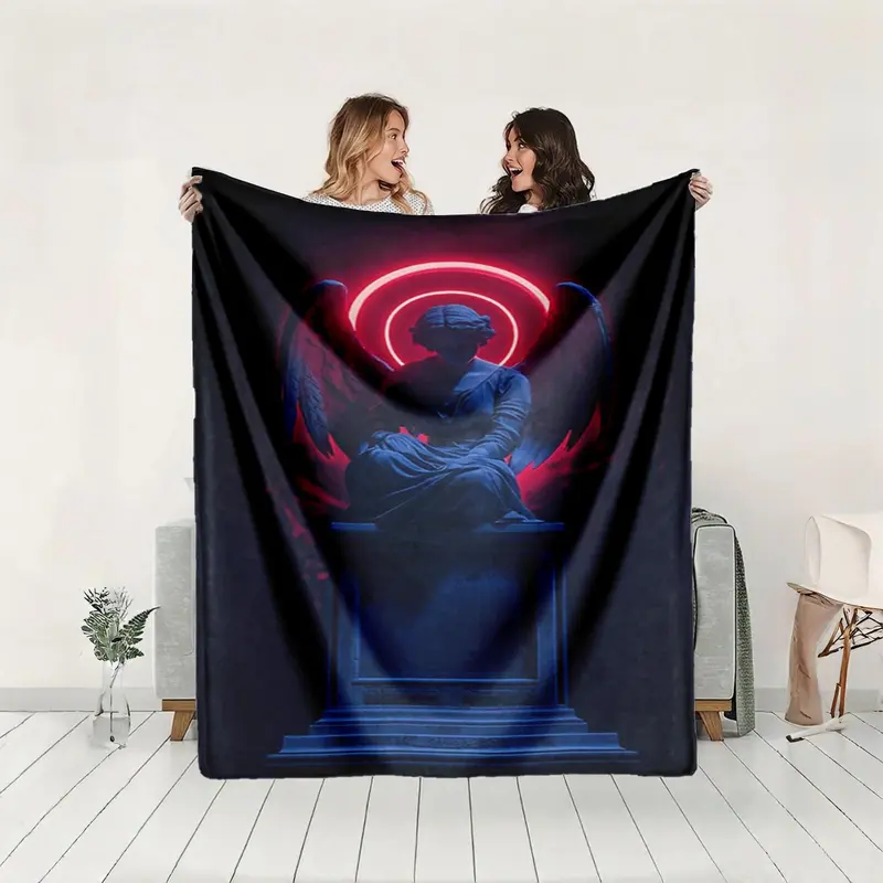 1 piece Blue statue angel with red halo background themed flannel blanket - Oversized fluffy warm sofa blanket, flannel for beds, all-season multi-purpose, modern style, machine washable, digital print design, 100% polyester, suitable for sofa